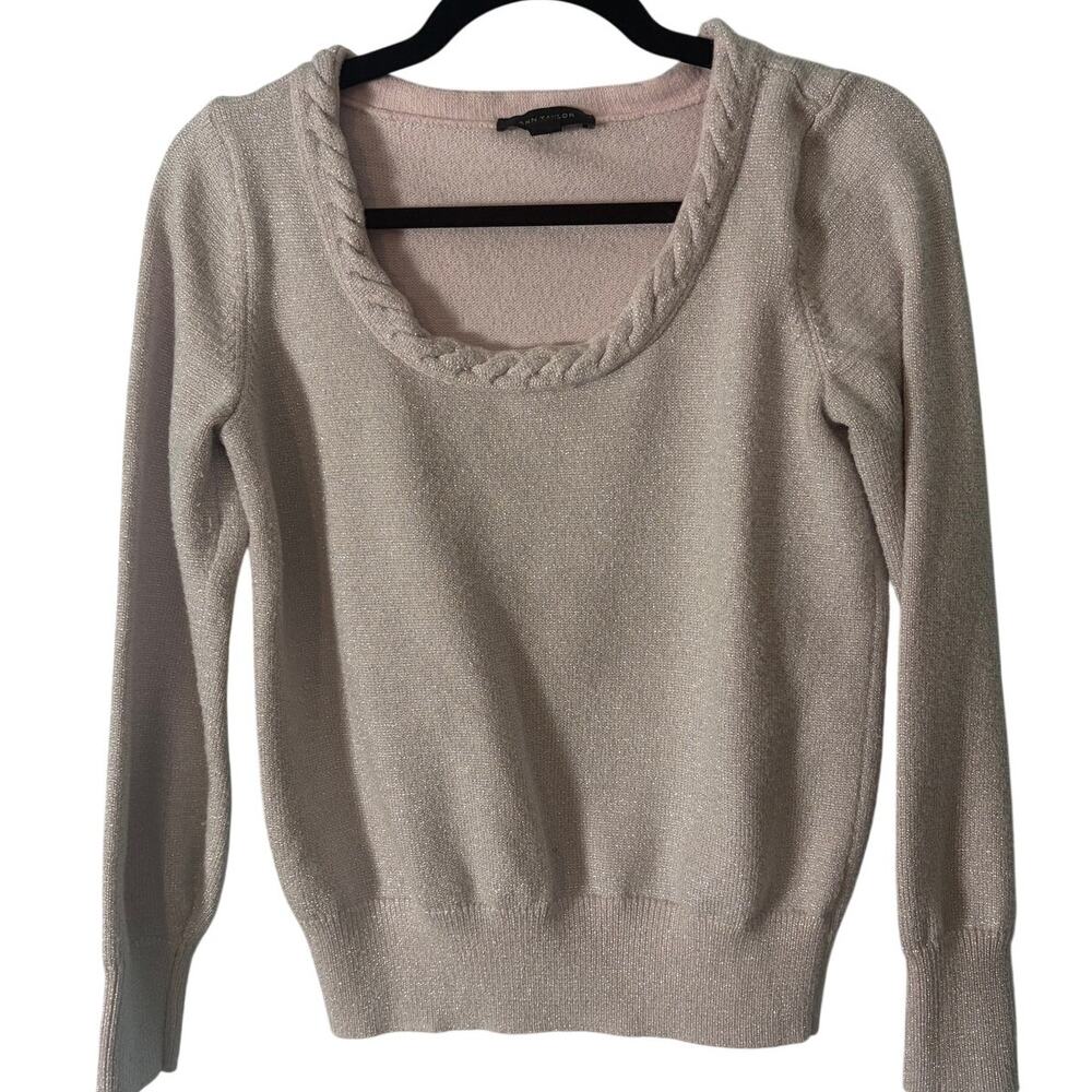 Ann Taylor Pink Metallic Shimmer Sweater Size S Braided Scoop Neck Knit Coquette